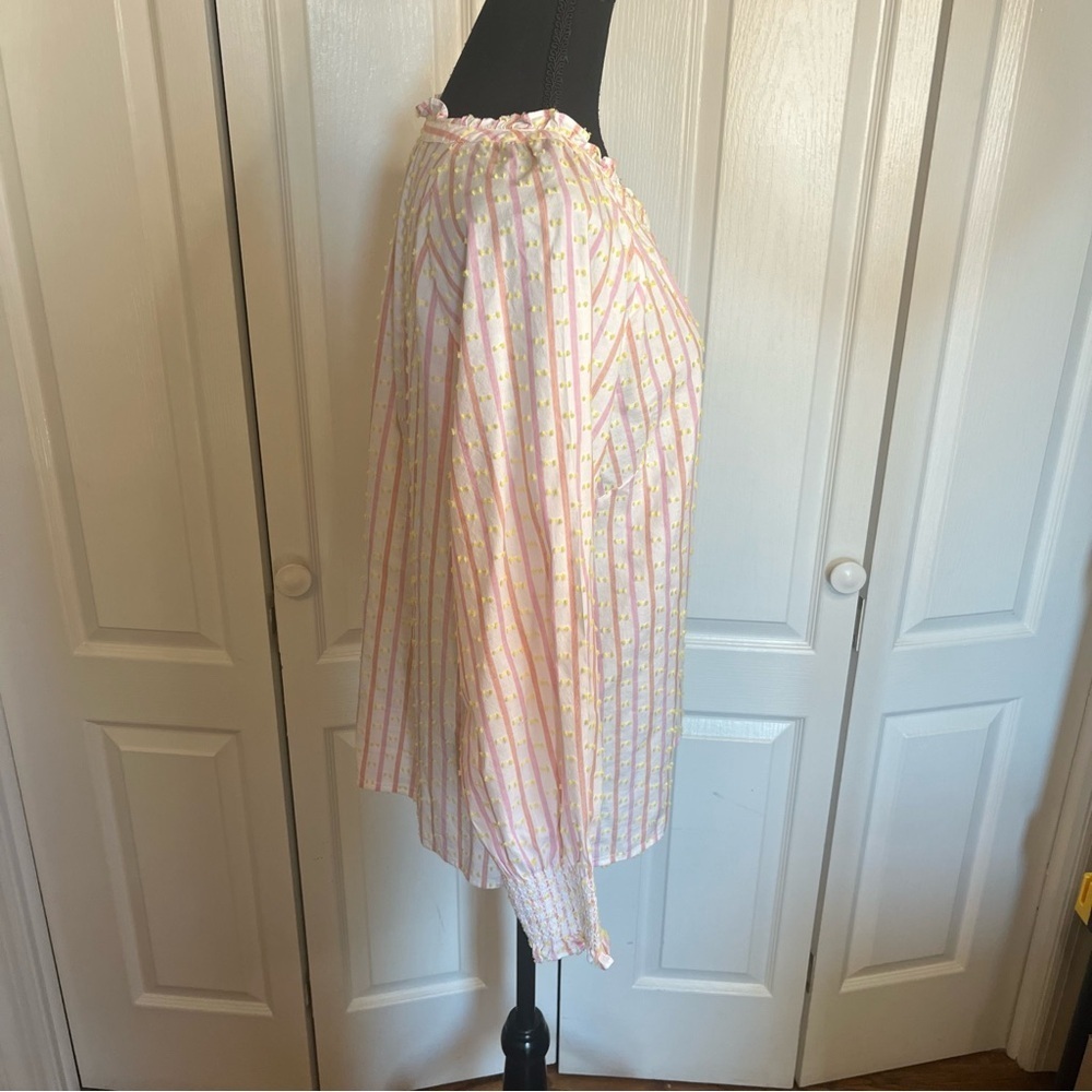 Talbots Sz M Pink Striped Jacquard Blouse Smocked Cuff Textured Swiss Dot Ruffle - Picture 6 of 9